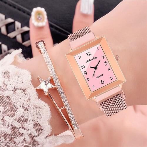 Fashion Women Rectangle Watch Magnet Clasp Stainless Mesh Band Quartz Wristwatches Clock Zegarek Damski