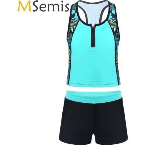 Kids Girls Tankini Swimsuit Set 3 Piece Floral Print Sleeveless Swimwear Racerback Tank Vest Shirt Short and Bikini Triangle