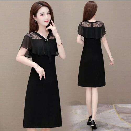 Elegant Perspective Lace V-neck Short Black Summer Women Dresses Plus Size Party Office Lady Vestidos Ropa Mujer 4XL 3239