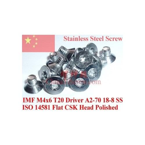 ISO 14581 Stainless Steel screws M4x6 Torx T20 Driver Flat CSK Head A2-70 Polished ROHS 100 pcs