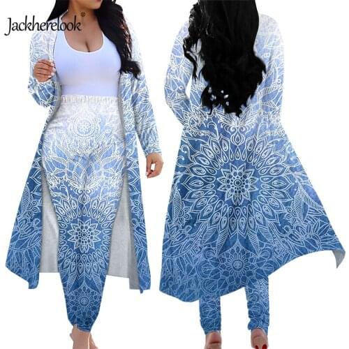 Jackherelook Gradient Bohemian Mandala Floral Print Elegant Two Set Long Sleeve Cardigan High Waist Skinny Pants 2 Piece Outfit