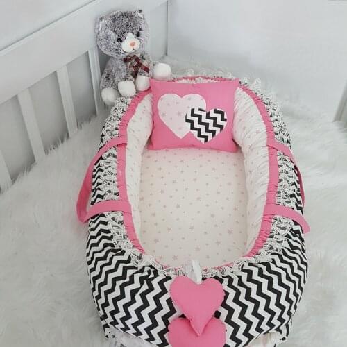 Jaju Baby Black Zigzag Pink Star Combination Lux Orthopedic Babynest Mother Side Baby Bed 100x60