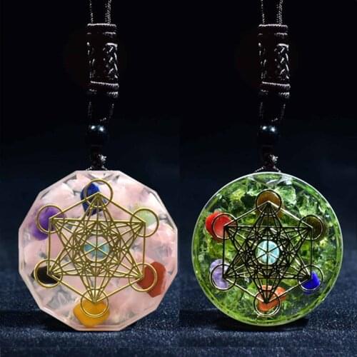 Round Metatron Cube Women Unisex Olivine Cosmic Energy Center Sign Flower Of Life Sacred Geometry Orgone Pendant Necklace