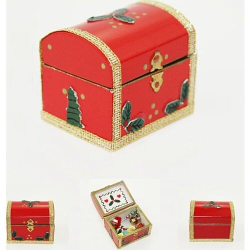 1Pcs Cute 1:12 Scale Miniature Dollhouse Wooden Christmas Box with Gift Doll House Pretend Play Toy