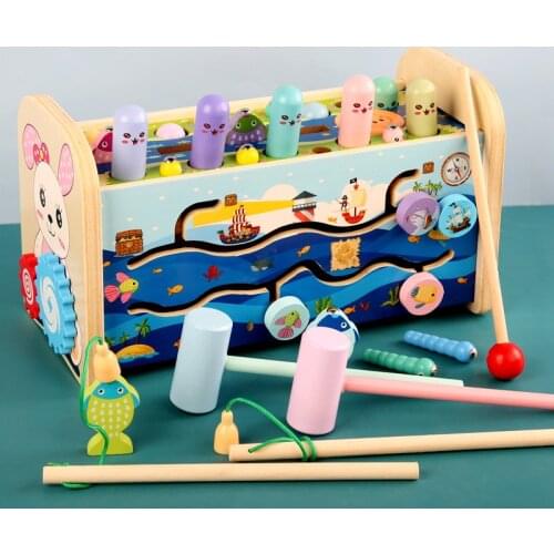 Multifunctional Beat Slide Early Learning Educational Sensory Fishing Game Music Board Toy Kid Wooden Montessori Whac-A-Mole Toy