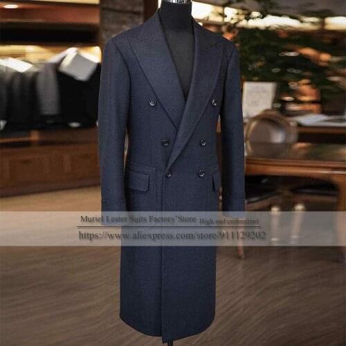 Navy/Green Winter Business Smoking Men Overcoat Wool Blend Tweed Double-Breasted Blazer Long Wide Lapel Jacket Suit For Wedding