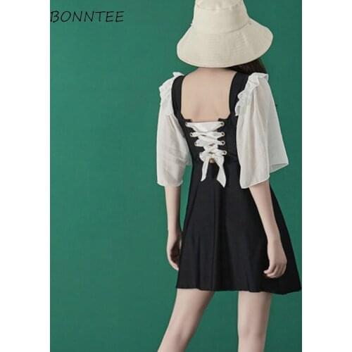 Cover-up Women Summer Swimwear Lace-up Retro French Style High Waist Sweet Princess Style Girls Safety Soft Holiday Female New