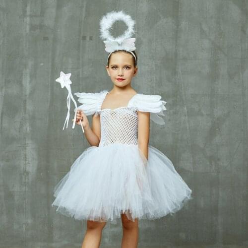Girls White Angel Tutu Dress Baby Feather Halloween Costume Dress Role Play Costumes Nina Disfraz Kid Cosplay Outfit Photo Props