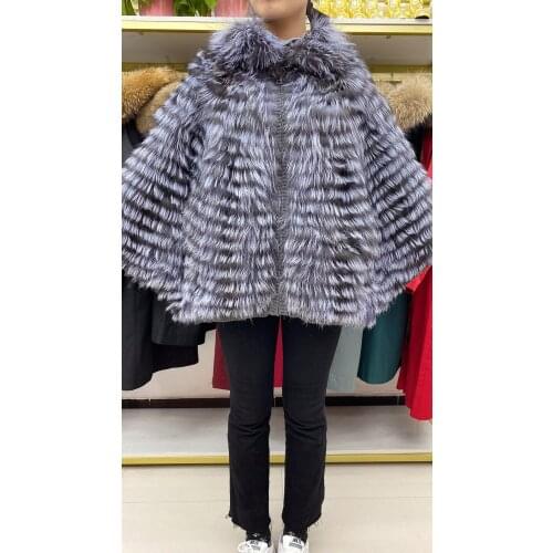 Fur Fox Coat Womens Silver Fox Natural Fur Coat Autumn Knitted Leather Batwing Sleeve Ladies Fashion
