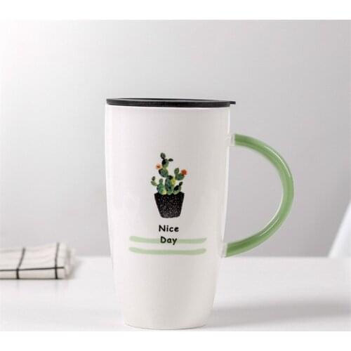 Nordic Creative Cactus Pattern Ceramic Mug With Lid Cartoon Office Milk Coffee Tea Cup Green Handle Porcelain Mugs Nice Gifts