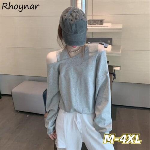 Sweatshirts Women Retros Design Off Shoulder Patchwork Loose No Hat Hoodies Simple All-match Spring Oversize Streetwear Vintage