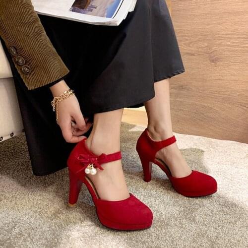 YQBTDL Summer 2020 Spike Heels Suede Daily Party Mary Jane Shoes Woman High Heel Red Pink Black Pumps Bead Bowtie Womens Shoe