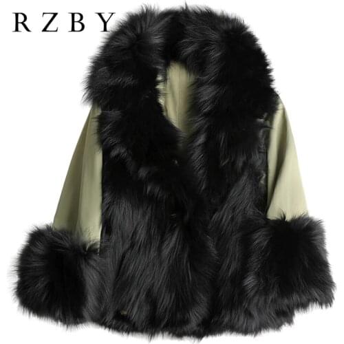 Real Natural Fox Fur Winter Double-sided coat For Women Lapel Short Puffer Jacket Female Warm Loose Black Snow Outwear RZBY163