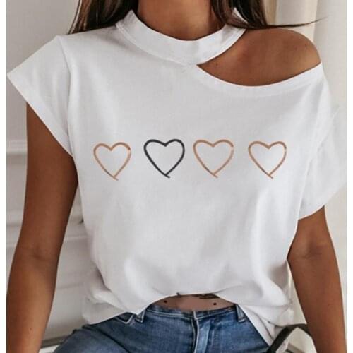 Women Short Sleeve Halter Cold Shoulder Tree Heart Print Loose T-shirt Blouse