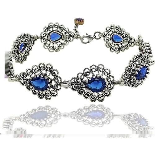 Filigree Silver Stem Sapphire Stone Women Bracelet