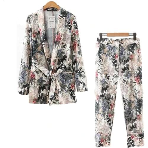 Womens suits autumn women Long Sleeve Wiped Kimono Blazer new belt printing coat + casual pants suit Twopiece sets