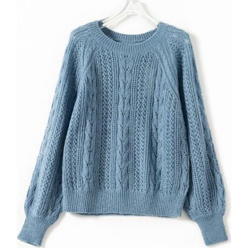 Elfstyle Female Mohair Wool Blend Long Sleeve O Neck Hollow Out Knit Jumper Sweater - Women Casual Fashion Pullover Top