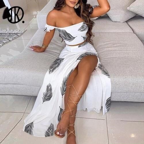 Elegant Flower Print Long Dress Suit Sexy Off Shoulder Tops + Split Long Skirt Outfits 2021 Summer Female Two Piece Vintage Set