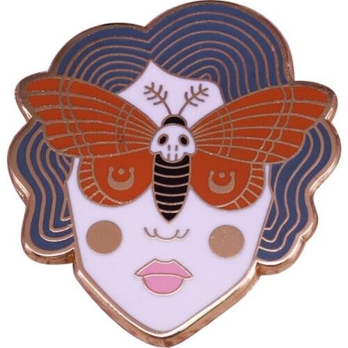 Skull moth girl with crescent moon details hard enamel pin gold gorgeous witchy jewelry