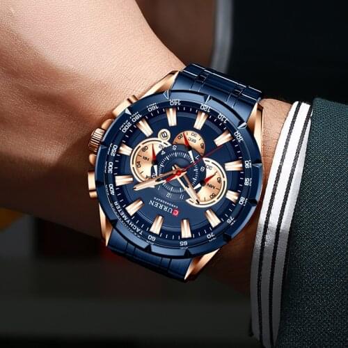CURREN New Causal Sport Chronograph Mens Watch Stainless Steel Band Wristwatch Big Dial Quartz Watches with Luminous Pointers