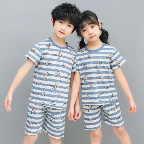 Children Sleepwear Baby Nightwear Pyjamas Kids Homewear Nightwear Short Sleeve Cotton Baby Girls Stripe Summer Pajamas Sets