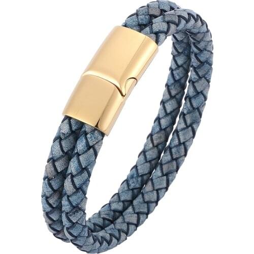 Double Layer Retro Blue Braided Leather Bracelet Men Jewelry Stainless Steel Magnetic Clasp Fashion Bangles Male Wrist Band Gift
