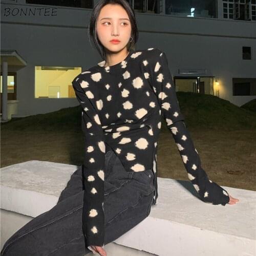 Long Sleeve T-shirts Women Teens Spring Polka Dot Newly Charm O-Neck Classic Straight Irregular Korean Fashion Aesthetic Student