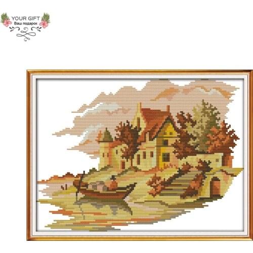 Joy Sunday Beach House Home Decoration F579(2) 14CT 11CT Counted Stamped The Lakeside Houses Embroidery DIY Cross Stitch kit