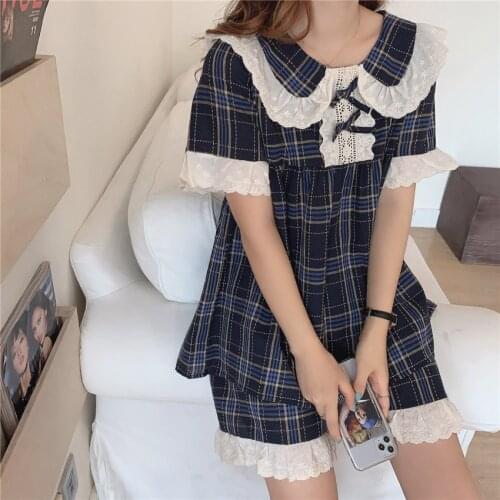 Summer home clothes 2 piece set women short sleeve pajamas set bow tie lace plaid sleepwear peter pan collar tops shorts Y367
