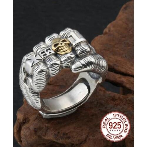 Thai silver Creative Punk Fist Skull Cross Adjustable Ring 100% 925 Sterling Silver fine jewelry Men Statement LOVE Simple Ring