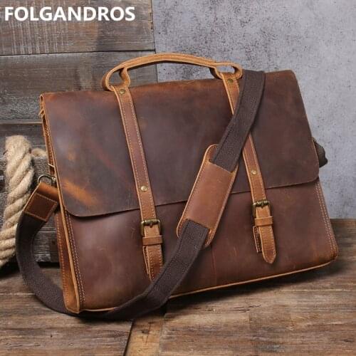 2020 New Genuine Leather Mens Briefcases Handmade Vintage Designer Crazy Horse Leather Laptop Pc Business Briefcases