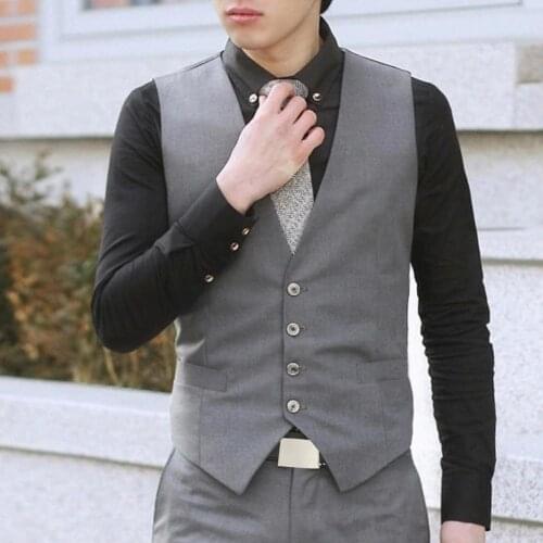 Men Vest V Neck Solid Color Formal Back Strap Pocket Men Fashionable Waistcoat Business Dress Slim- Fit Formal Wear Suits