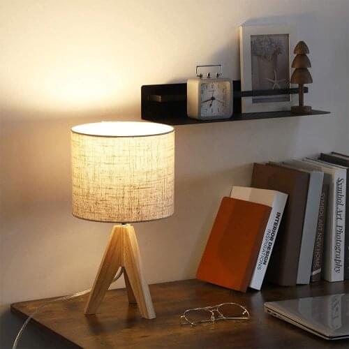 Small bedside table lamp-wooden tripod bedside lamp suitable for bedroom, living room, office, home with fabric linen lampshade