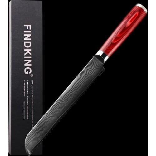 FINDKING new damascus steel blade color wood handle 8 inch damascus sawtooth bread knife 67 layers damascus steel kitchen knife