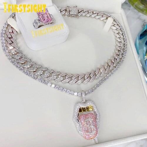 Iced Out Bling 5A CZ Sexy Mouth Pendant Necklace Dollar Symbol Micro Pave Dripping Lips Silver Color Tennis Hip Hop Women