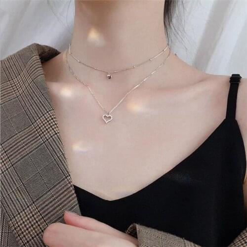 Vintage Lady Silver 925 Clavicle Necklaces Girls Double Layers Jewelry Fashion Women CZ Heart Necklace Female Princess Birthday