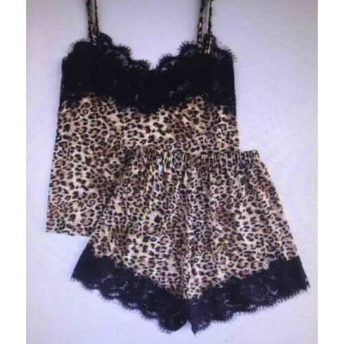 Two-piece pajamas sexy leopard print oversize pajamas set with lace hem and suspender top Luxury Pajamas for Women Sexy Pajamas