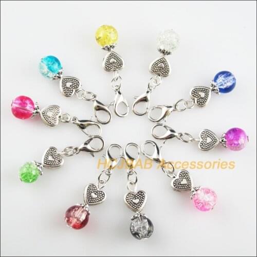 10Pcs Tibetan Silver Tone Heart Retro Mixed Shivering Glass 9x21mm With Lobster Claw Clasps Charms