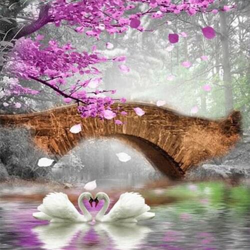 100% Full 5D Diy Daimond Painting "Swan Couple" 3D Cross-stitch Round Rhinestone mosaic lake pink tree scenic Embroidery Animal