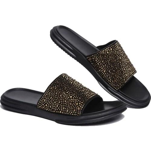 2020 Runway New Mens Shiny Crystal Studded Slippers High Quality Genuine Leather Rivets Platform Slides Casual Streetwear Shoes