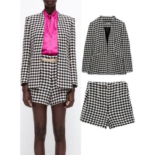 ZA early autumn new womens clothing all-match houndstooth texture blazer and high-waist houndstooth Bermuda shorts