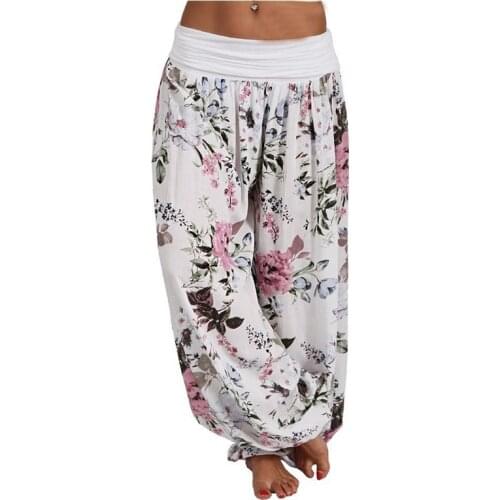 Women Bohemian Floral Print Long Pants 2021 Mid Waist Vintage Harem Pants Elastic Waist Boho Beach Trousers Plus Size 5XL