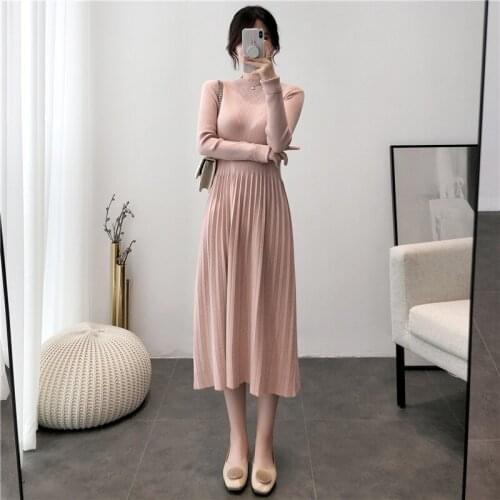 2019 Autumn Winter New Cashmere sweater women long dress Thin and warm Round collardress Medium and long clothes OL temperament