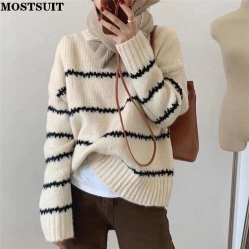 Chic Casual O-neck Women Striped Sweaters Tops Long Sleeve Loose Female Vintage Knitted Pullovers 2021 Autumn