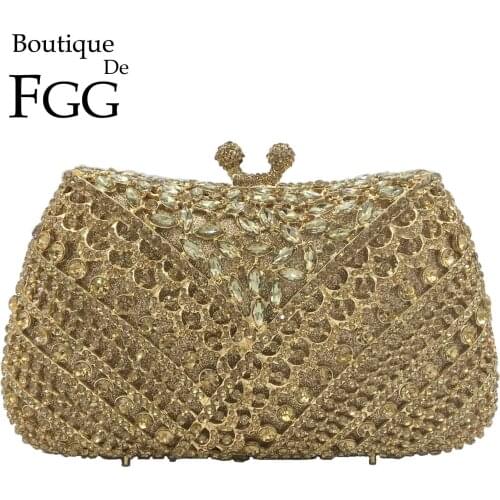 Boutique De FGG Elegant Women Gold Crystal Evening Clutch Purse Wedding Rhinestone Bag Party Diamond Handbags