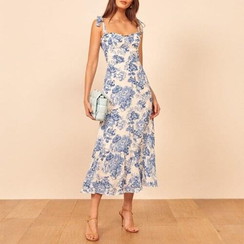 Summer Dress Women Vintage Blue White Floral Print Dress Sexy Spaghetti Strap Tie Chiffon Elegant Ruffle Midi Dress Boho Dress