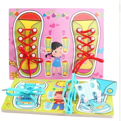 2 Colors Kids Wooden Lacing Shoe Toy Learn Tie For Shoelaces Fine Motor Skills Toy Funny Toys Self Study For Children Training