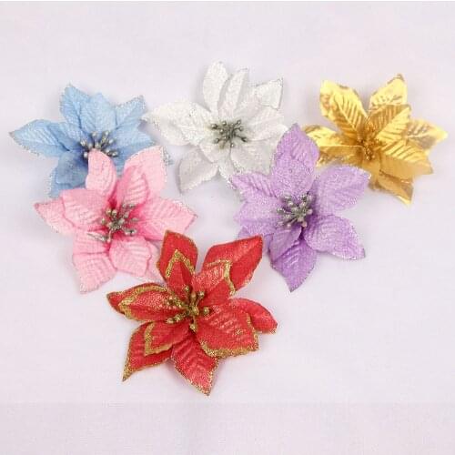 5Pcs 11/13cm Phnom Artificial Flower Xmas Tree Decorations Glitter Artificial Silk Merry Christmas New Year Party 2021 Ornaments
