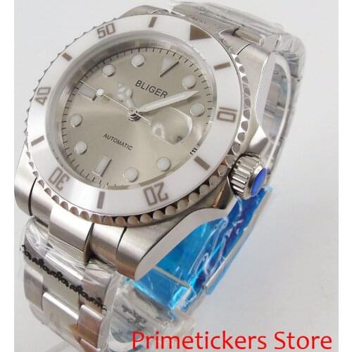 BLIGER 40mm grey dial ceramic bezel sapphire glass luminous stainless steel bracelet automatic movement mens watch