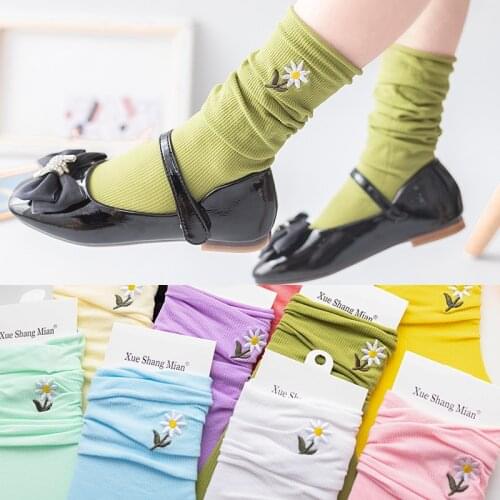 Childrens tube socks summer thin girls embroidered small daisy pile pile socks summer breathable ultra-thin knee stockings